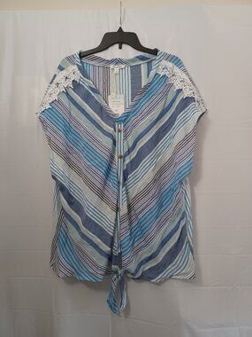 PALM RIO SHORT SLEEVE STRIPED TIE FRONT LACE DETAIL BLOUSE BLUE MULTI COLOR 3X